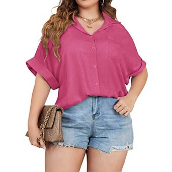 Zeagoo Womens Plus Size Tops Short Sleeve Button-Down Shirts Casual V Neck Blouses