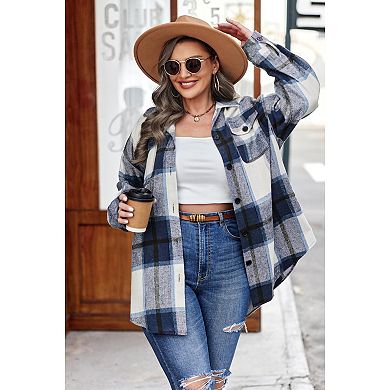 Zeagoo Women's Plus Size Flannel Plaid Shacket Lapel Button Down Jacket