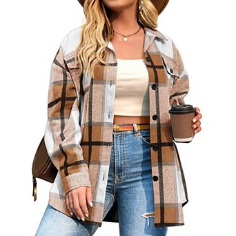 Zeagoo Women's Plus Size Flannel Plaid Shacket Lapel Button Down Jacket