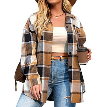 Zeagoo Women's Plus Size Flannel Plaid Shacket Lapel Button Down Jacket