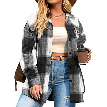 Zeagoo Women's Plus Size Flannel Plaid Shacket Lapel Button Down Jacket