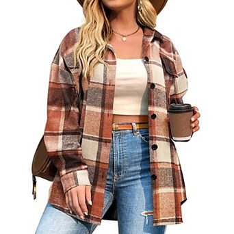 Zeagoo Women's Plus Size Flannel Plaid Shacket Lapel Button Down Jacket