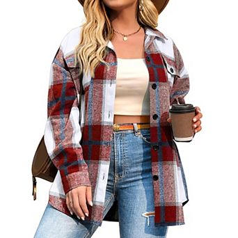 Zeagoo Women's Plus Size Flannel Plaid Shacket Lapel Button Down Jacket