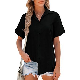 Zeagoo Women Summer Button Down Shirt Short Sleeve Cotton Blouse Beach Vacation Outfit