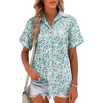Zeagoo Women Summer Button Down Shirt Short Sleeve Cotton Blouse Beach Vacation Outfit