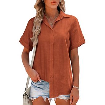 Zeagoo Women Summer Button Down Shirt Short Sleeve Cotton Blouse Beach Vacation Outfit