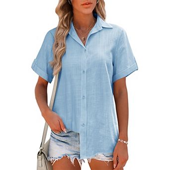 Zeagoo Women Summer Button Down Shirt Short Sleeve Cotton Blouse Beach Vacation Outfit
