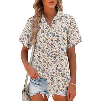 Zeagoo Women Summer Button Down Shirt Short Sleeve Cotton Blouse Beach Vacation Outfit