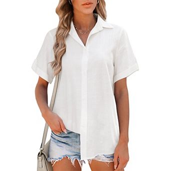 Zeagoo Women Summer Button Down Shirt Short Sleeve Cotton Blouse Beach Vacation Outfit