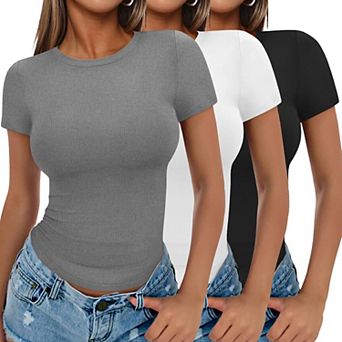 Ekouaer Womens Short Sleeve Shirts Tops Ribbed Knit Outfit Tees Crew Neck T Shirts Work Out Blouse