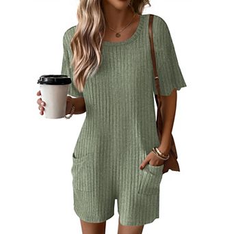 Ekouaer Rompers for Women Casual Ribbed Short Sleeve T-Shirt Tee Romper Summer Outfits with Pockets