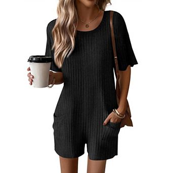 Ekouaer Rompers for Women Casual Ribbed Short Sleeve T-Shirt Tee Romper Summer Outfits with Pockets
