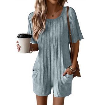 Ekouaer Rompers for Women Casual Ribbed Short Sleeve T-Shirt Tee Romper Summer Outfits with Pockets