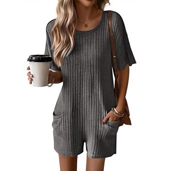 Ekouaer Rompers for Women Casual Ribbed Short Sleeve T-Shirt Tee Romper Summer Outfits with Pockets