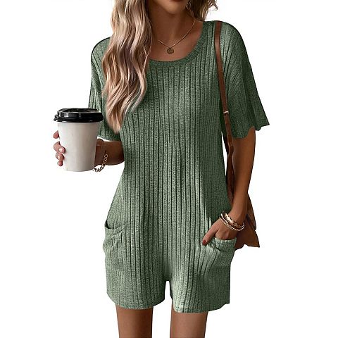 Женские комбинезоны Ekouaer Rompers for Women Casual Ribbed Short Sleeve T-Shirt Tee Romper Summer Outfits with Pockets