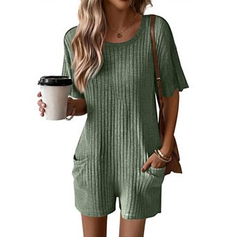 Ekouaer Rompers for Women Casual Ribbed Short Sleeve T-Shirt Tee Romper Summer Outfits with Pockets