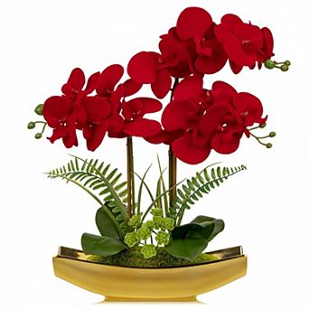 KSIZUIS 15" White Faux Phalaenopsis Orchid with Vase, Moss Fern for Home Office Decor