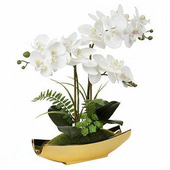 KSIZUIS 15" White Faux Phalaenopsis Orchid with Vase, Moss Fern for Home Office Decor
