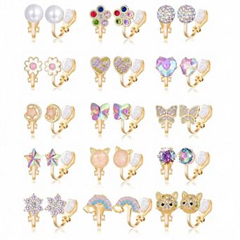 KSIZUIS 15 Pairs Clip-On Stud Earrings(Non-Pierced）: Teardrop,CZ,Twist Knot,Flower,Butterfly,Heart,