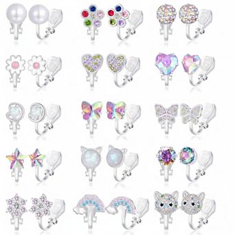 KSIZUIS 15 Pairs Clip-On Stud Earrings(Non-Pierced）: Teardrop,CZ,Twist Knot,Flower,Butterfly,Heart,