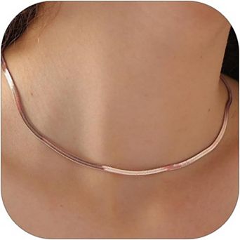KSIZUIS 14K Gold Plated Herringbone Choker - Stainless Steel Flat Snake Chain, 3-5mm Width