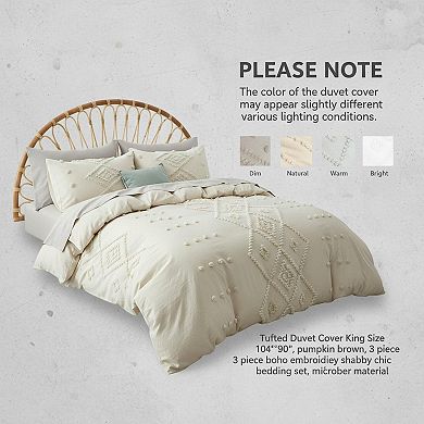 Tufted Duvet Cover King Size 3 Pieces Soft Lightweight Boho Embroidery Bedding Set All Seasons