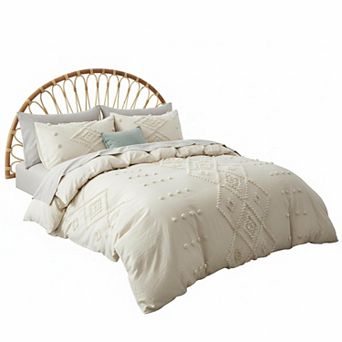 Tufted Duvet Cover King Size 3 pc Soft Lightweight Boho Embroidery Bedding Set All Seasons