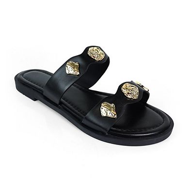 Amaya-2 Double Strap Gold Hardware Slide Sandals
