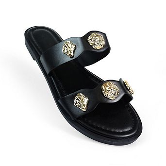 Amaya-2 Double Strap Gold Hardware Slide Sandals