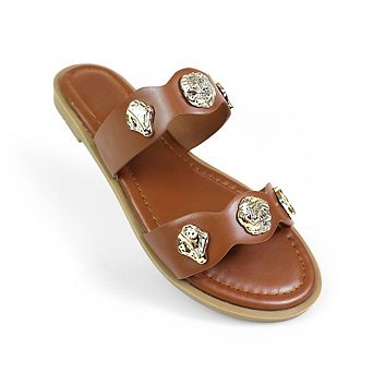 Amaya-2 Double Strap Gold Hardware Slide Sandals