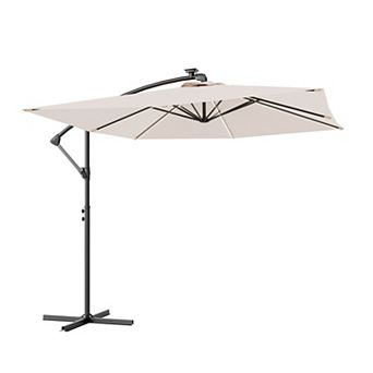 Sonkuki 8.2FT Outdoor Patio Hanging Offset Cantilever Umbrella with Solar LED Lights with Cross Base