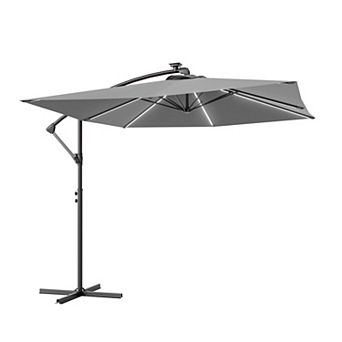 Sonkuki 8.2FT Outdoor Patio Hanging Offset Cantilever Umbrella with Solar LED Lights with Cross Base