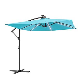 Sonkuki 8.2FT Outdoor Patio Hanging Offset Cantilever Umbrella with Solar LED Lights with Cross Base