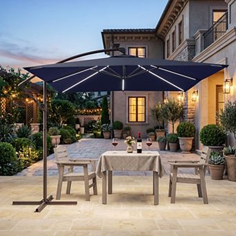 Sonkuki 8.2FT Outdoor Patio Hanging Offset Cantilever Umbrella with Solar LED Lights with Cross Base