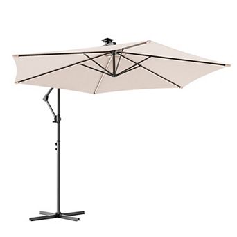 Sonkuki 10FT Outdoor Patio Hanging Offset Cantilever Umbrella with Solar LED Lights with Cross Base