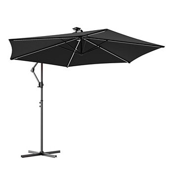 Sonkuki 10FT Outdoor Patio Hanging Offset Cantilever Umbrella with Solar LED Lights with Cross Base