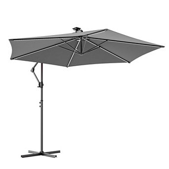 Sonkuki 10FT Outdoor Patio Hanging Offset Cantilever Umbrella with Solar LED Lights with Cross Base