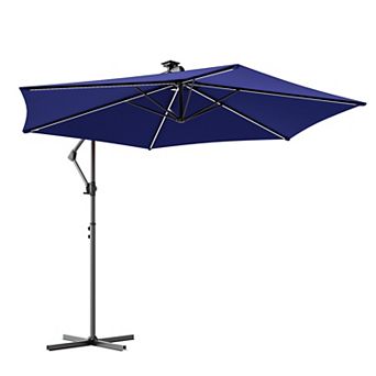 Sonkuki 10FT Outdoor Patio Hanging Offset Cantilever Umbrella with Solar LED Lights with Cross Base