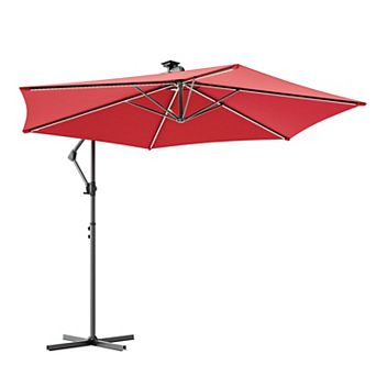 Sonkuki 10FT Outdoor Patio Hanging Offset Cantilever Umbrella with Solar LED Lights with Cross Base