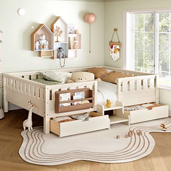 Queen Bed with Built-in Bookshelves Storage Drawers Safety Staircase and High-Quality Safety Rails