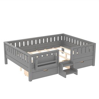 Queen Bed with Built-in Bookshelves Storage Drawers Safety Staircase and High-Quality Safety Rails