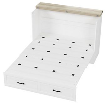 Queen Murphy Cabinet Bed with Charging Station Storage Drawer Wood Farmhouse for Guest Room