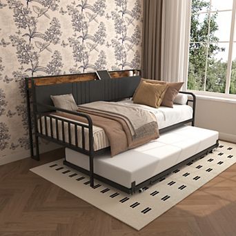 Twin Metal Daybed with Trundle Upholstered Headboard and Charging Station for Guest Room
