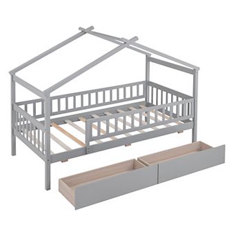 Twin Size Wooden House Bed with Two Drawers for Kids Bedroom White