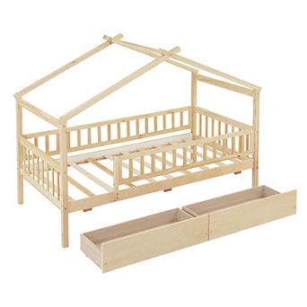 Twin Size Wooden House Bed with Two Drawers for Kids Bedroom White