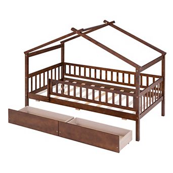 Twin Size Wooden House Bed with Two Drawers for Kids Bedroom White