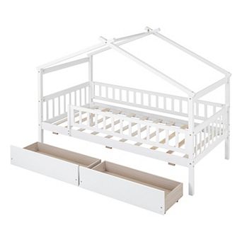 Twin Size Wooden House Bed with Two Drawers for Kids Bedroom White