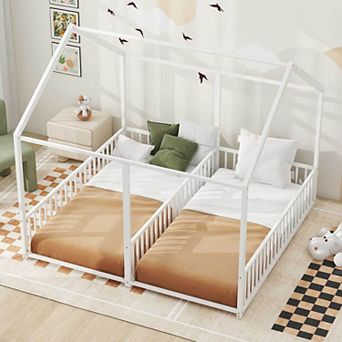 Double Floor Bed for 2 Kids, Twin Size House Bed with Two Shared Beds, Metal Platform Bed for Twins