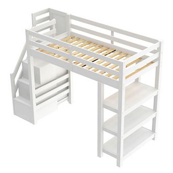 Loft Bed with Shelves Storage Staircase Small Wardrobe and White LED Light for Bedroom White