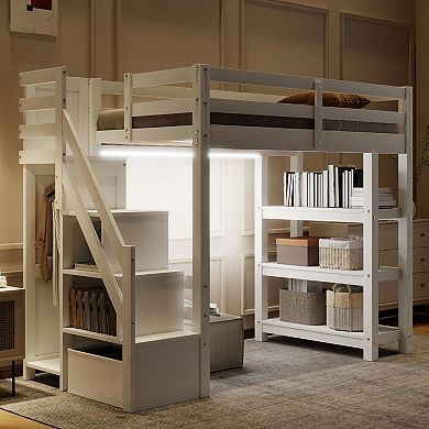 Loft Bed with Shelves Storage Staircase Small Wardrobe and White LED Light for Bedroom White